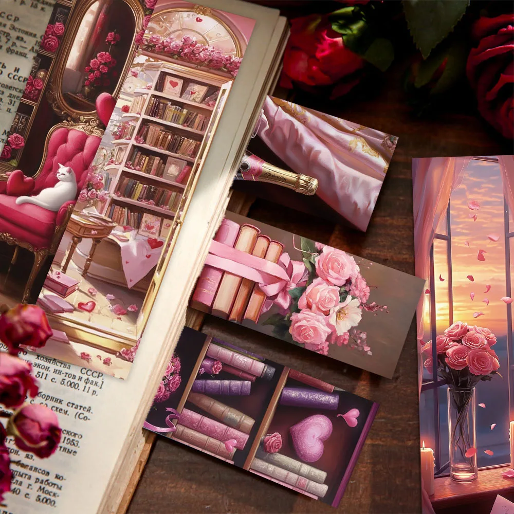 30pcs Romantic Pink Rose Bookmarks Reading Pages Books Labeled School Stationary Supplies DIY Aesthetic Bookmarks Paper Cards