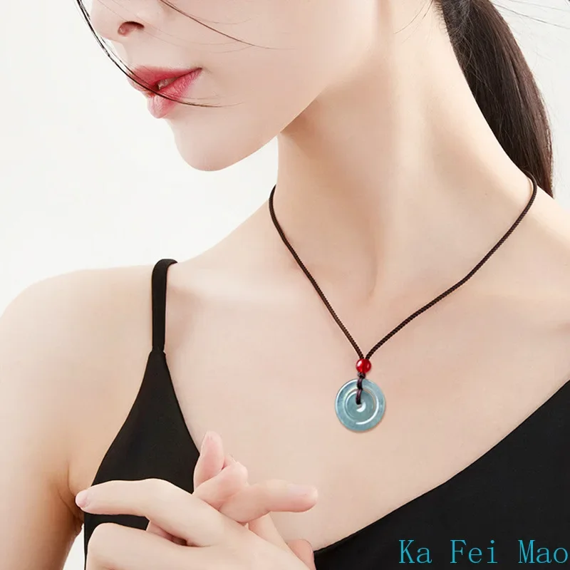 Natural A-grade Jadeite Blue Water Safety Mother Buckle Jade Pendant Charms for Men and Women