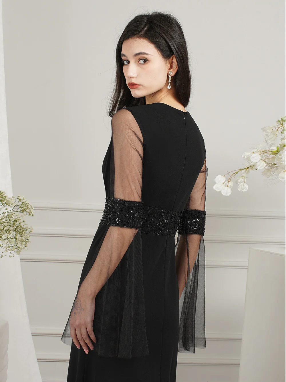 MisShow Flare Long Sleeve Black Mermaid Dress Female Exquisite Beads Sequins Waist Tulle Sleeve Evening Prom Dresses for Women
