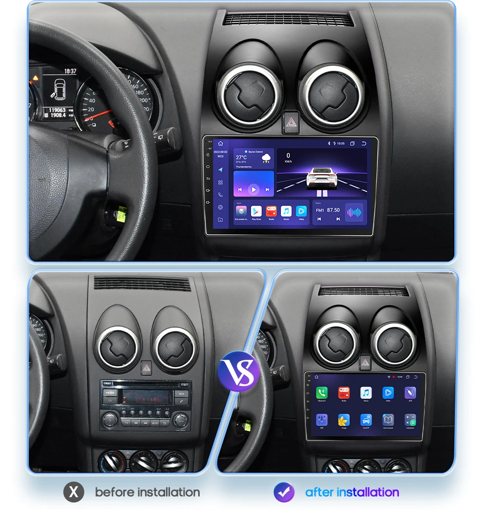 Pour Nissan Qashqai J10 2006-2013 2din Autoradio Multimédia Lecteur Vidéo  Navigation GPS Android Auto Carplay