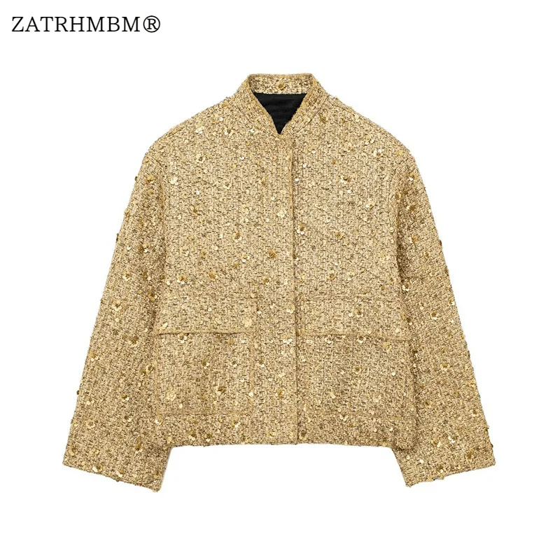 

ZATRHMBM Women 2023 Autumn New Fashion Sequined Jackets Coat Vintage Long Sleeve Patch Pocket Female Outerwear Chic Tops