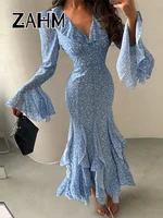 Nouvelle Robe Longue Chic Imprimée pour Femme, Col V, Manches Volantées Évasées, Coupe Slim, Printemps-Été 2026, Idéale pour les Vacances 2