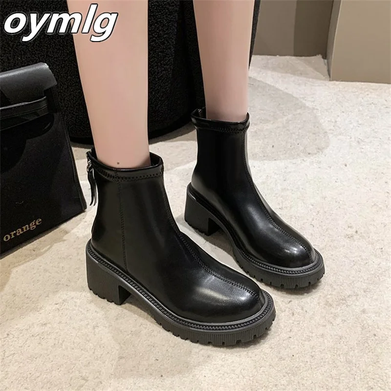 

2023 New Autumn Thick Sole Short Boots with Plush Boots Children's Back Zipper Elastic Mid Heel Slim Boots