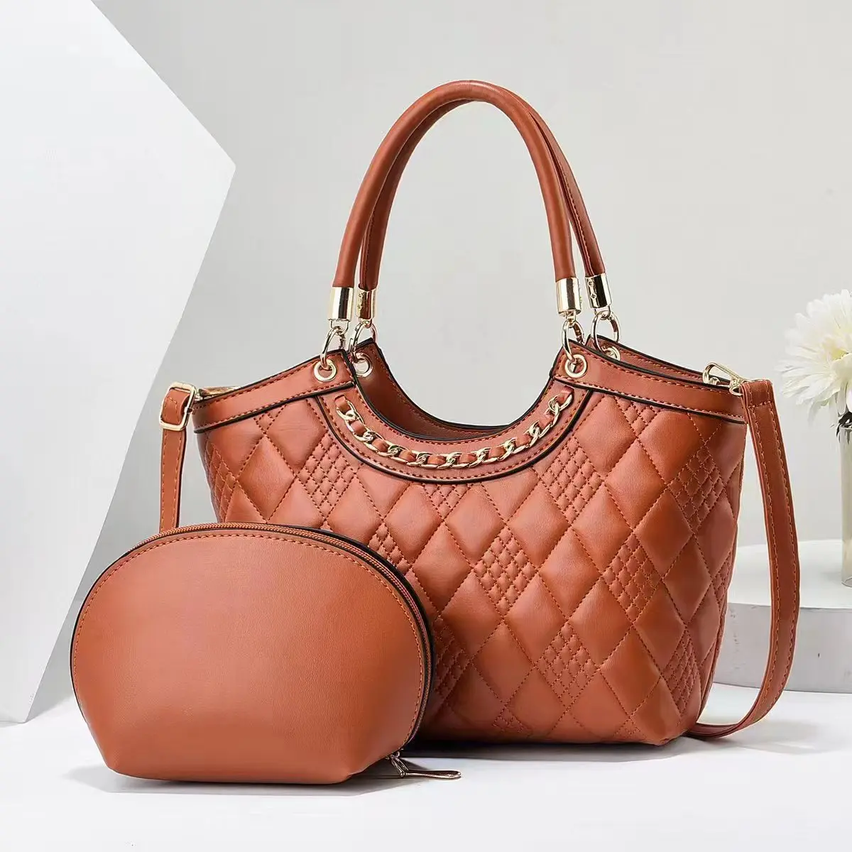 Women's Chain Rhombus Tote Bag 2 two-piece large bag Stylish commuter shoulder bag Crossbody bag