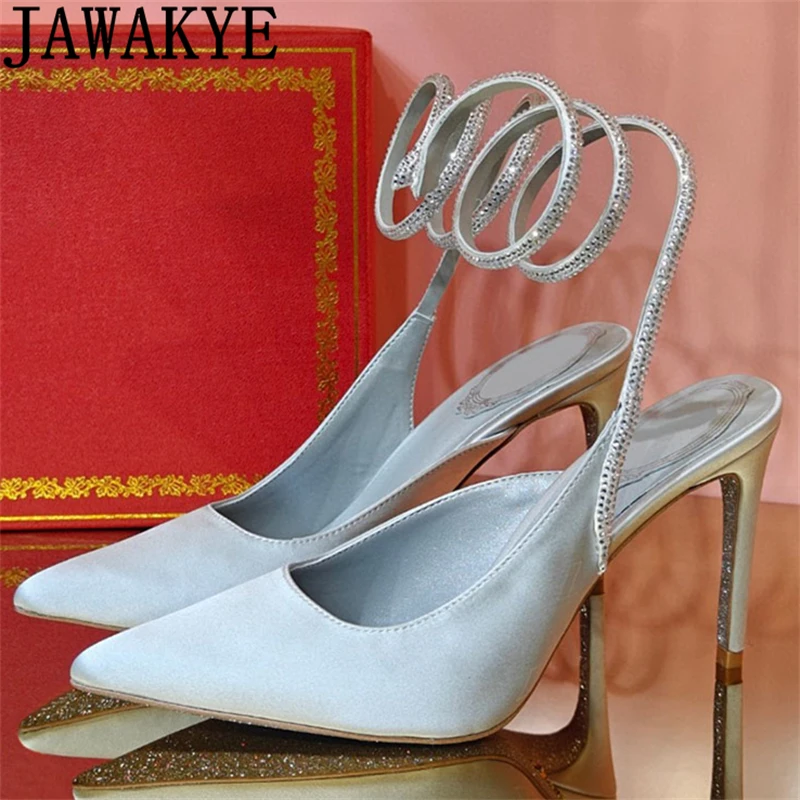 

2024 Summer Pointed Wrap Toe High Heel Crystal Sandals Women Fashion Snake Ankle Strap Pumps Shoes Sexy Party Wedding Sandalias