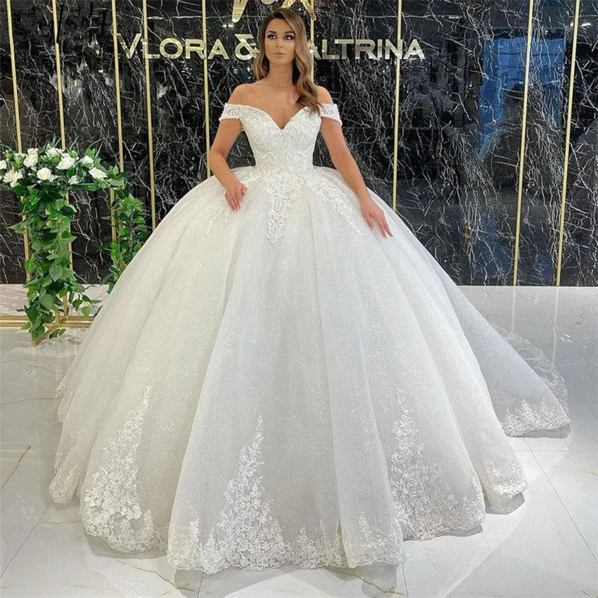 Customized Elegant Off The Shoulder Wedding Dress For Women Lace Applique Glitter Tulle Bridal Gown V Neck A-line Robe De Mariée 3