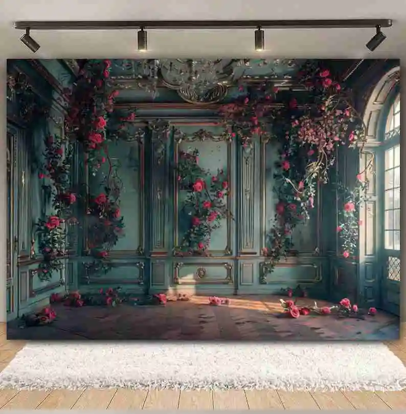 웨딩 장면 배경 빈티지 룸 로맨틱 커튼 꽃 신부 샤워 성인 생일 파티 사진 배경 Photozone