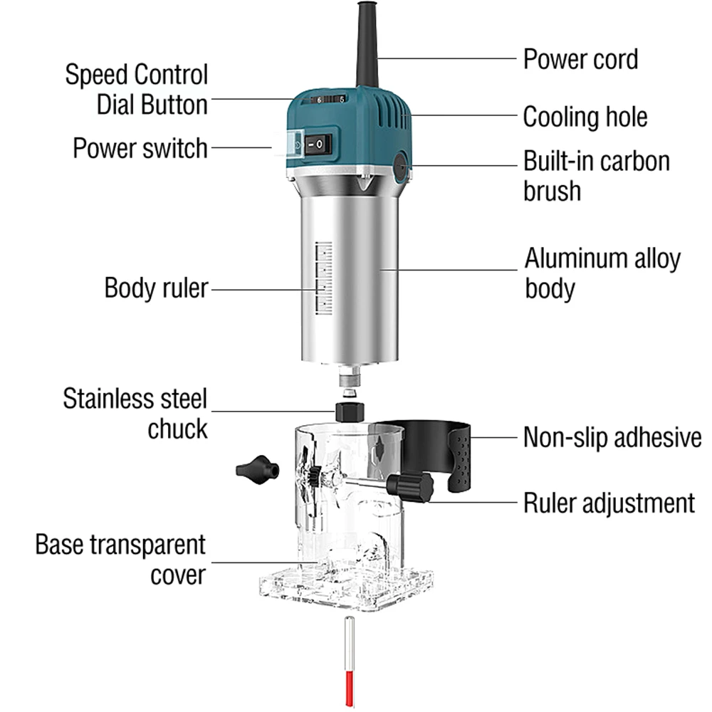 BOLIMEI 220V 800W Palm Router Electric Hand Trimmer Wood Router Collets Woodworking Tool Laminate Trimmer 6