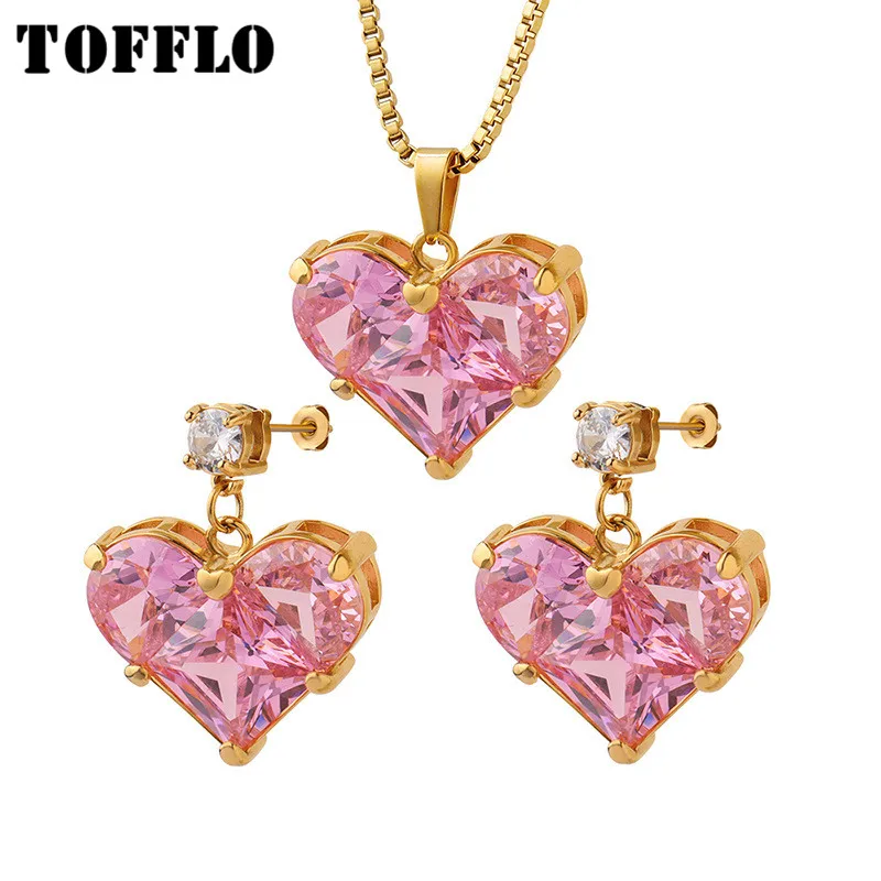 TOFFLO Stainless Steel Jewelry Exaggerated Heart-Shaped Inlaid Zircon Pendant Earring Necklace Women's Sweet Suit BSP456-F078