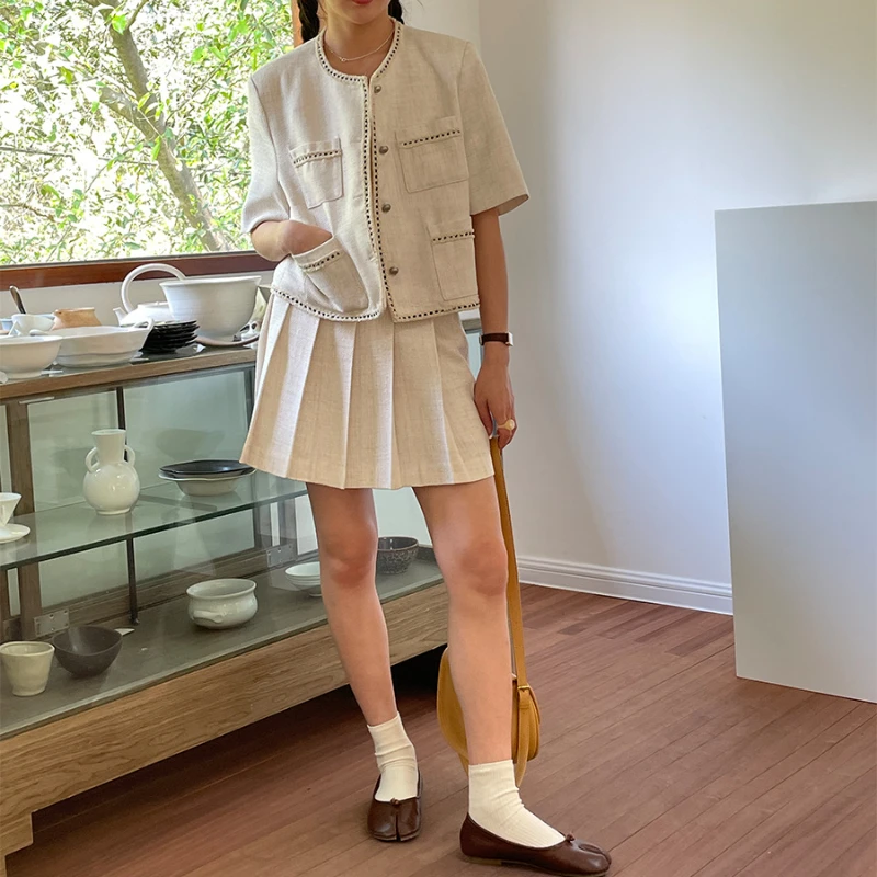 

French Tweed Simple Round Collar Short Sleeves Spring Summer New In High Quality Casual Temperament Pocket Korean Coat Women