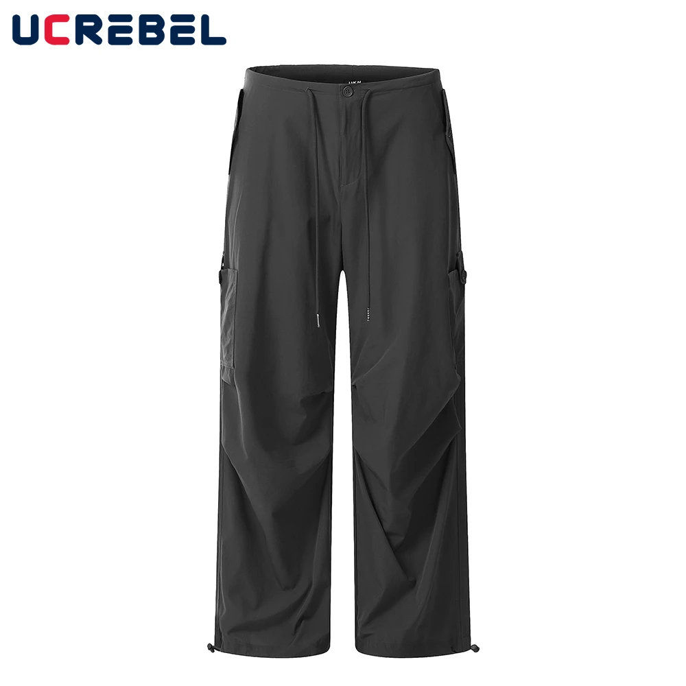 

Autumn Casual Drawstring Solid Color Trousers Mens Streetwear Simple Pleated Loose Pocket Straight-leg Pants