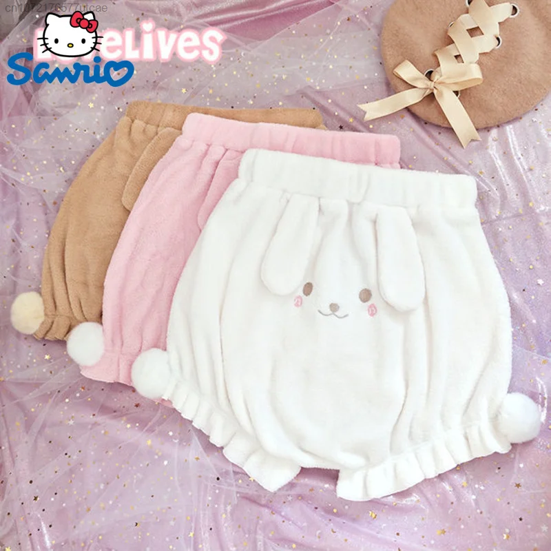 

2023 New Cute Soft Rabbit Ears Embroidered Pumpkin Bottom Pants Y2k Pink Rabbit Fur Plush Ball Shorts Fuzzy Short Pjs Pants