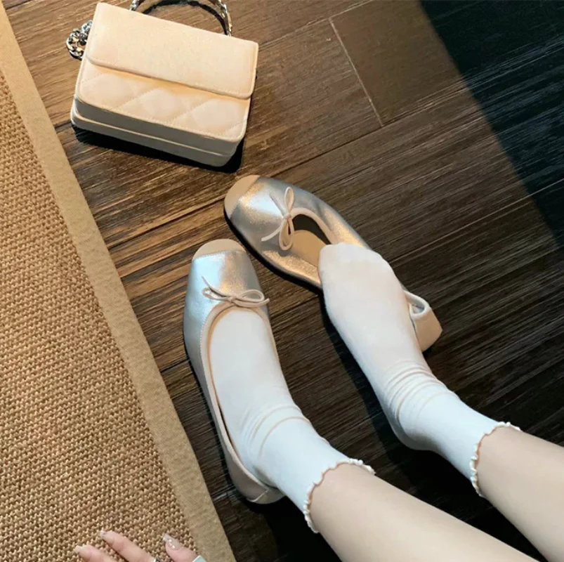 Square Toe Ballet Flats Mary Janes Shoes for Women 2023 Elegant Heeled Silver Loafers Summer Ladies Shoes on Offer Footwear New 5