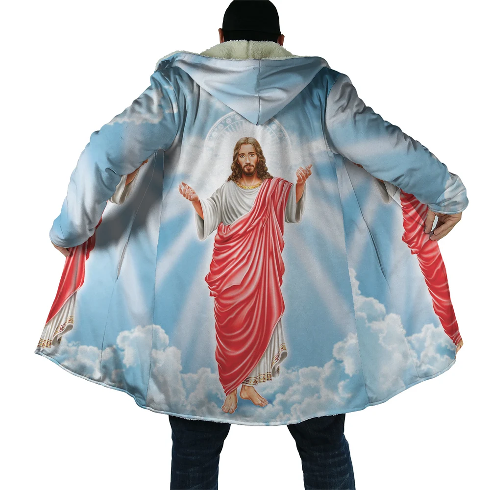 

Fashion Winter Mens Hooded Cloak Jesus Graphics 3D Printing Fleece Wind Breaker Unisex Casual Thick Warm Hood Cloak Coat