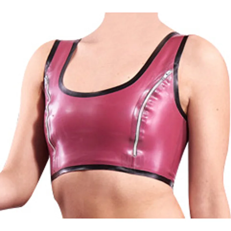 

Красный и черный пикантный латексный кроп-топ с нагрудными молниями без рукавов резиновая рубашка одежда