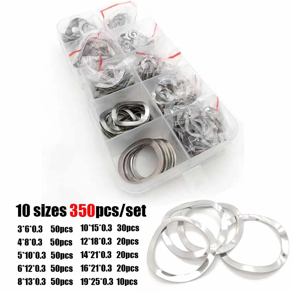 Description Picture 4 of item1Box 350pcs/set M3 M4 M5 M6 M8 M10 M12 M16 M19 304 Stainless Steel Three Wave Crest Type Spring Washer Gasket Assortment Kit Set