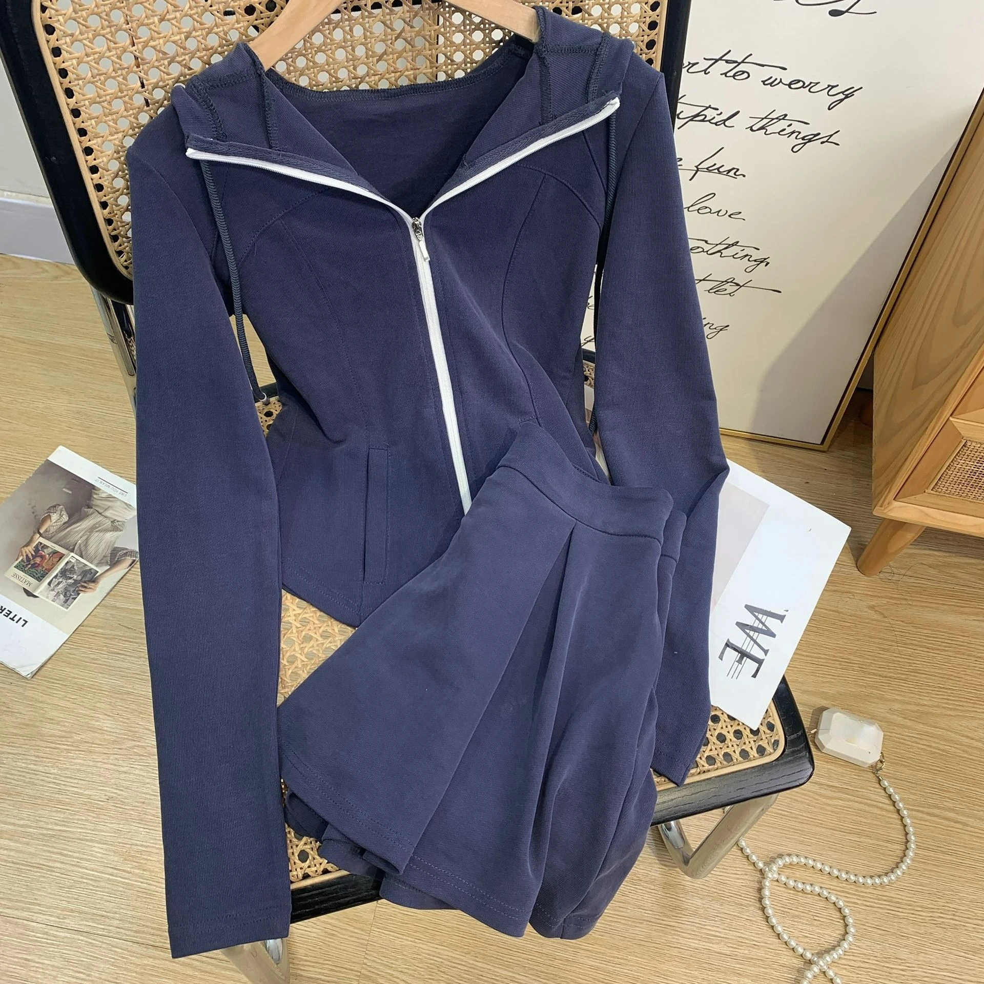 Casual Hooded Sweatshirts Suit Women Sports Two-piece Short Jackets Coats Skirts Summer Fashion Slim Zip Up Hoodie Hoodies Girls