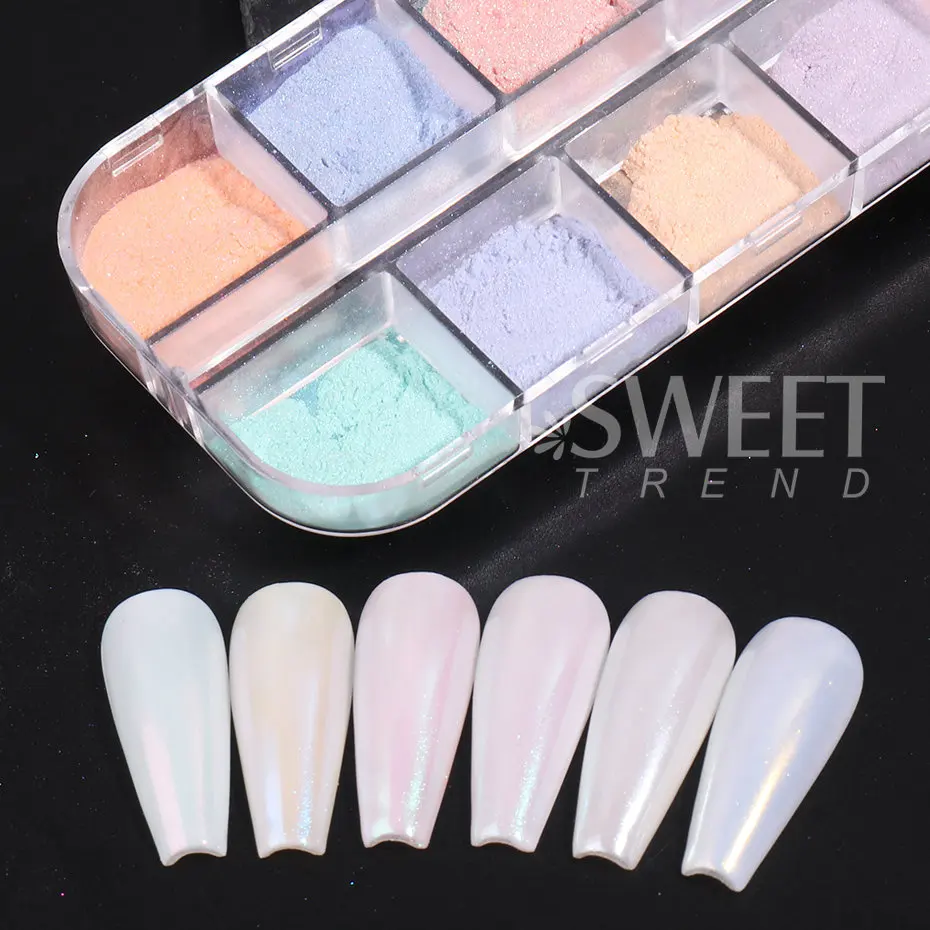 12 Colors Aurora Nail Powder Glitter Pigment White Mirror Iridescent Fairy Fine Chrome Reflective Rubbing On Dust Manicure Decor