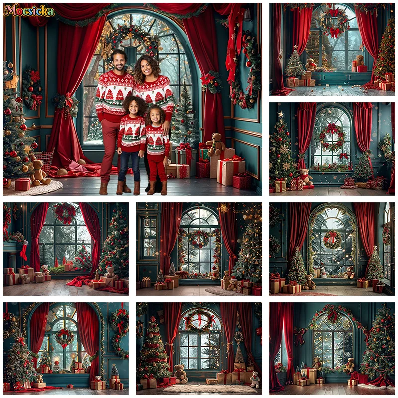 Christmas Room Window Photography Background Xmas Tree Gift Decor Red ...