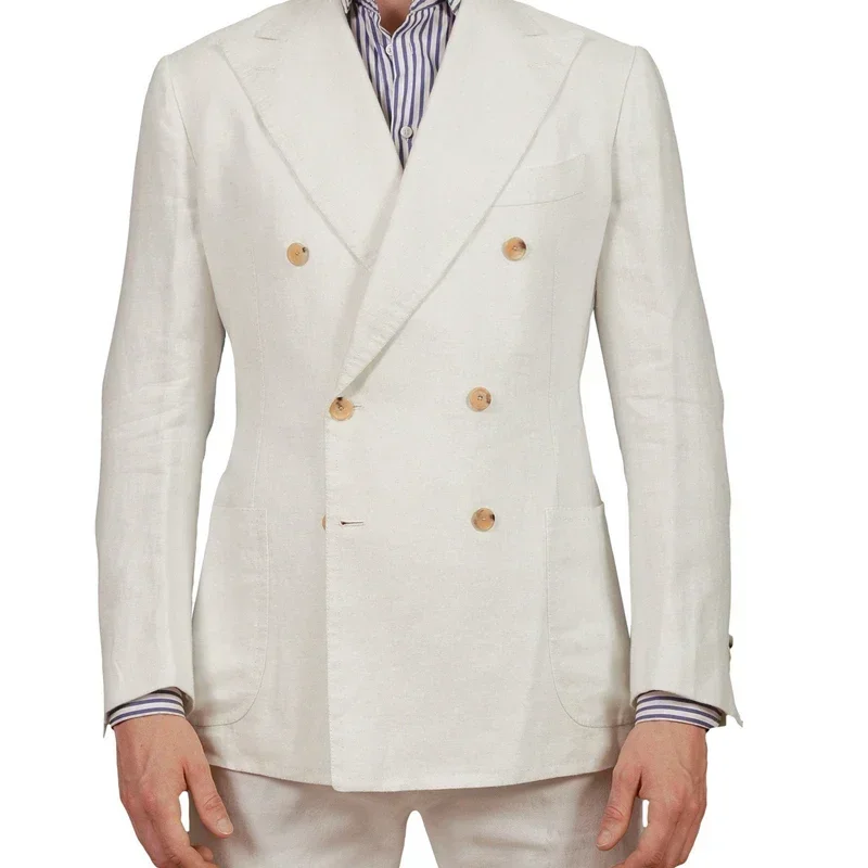 Fashion Summer Linen White Men Suit Casual Double Breasted Slim Fit Blazer Hombre High Quality Custom 2 Piece Set Costume Homme