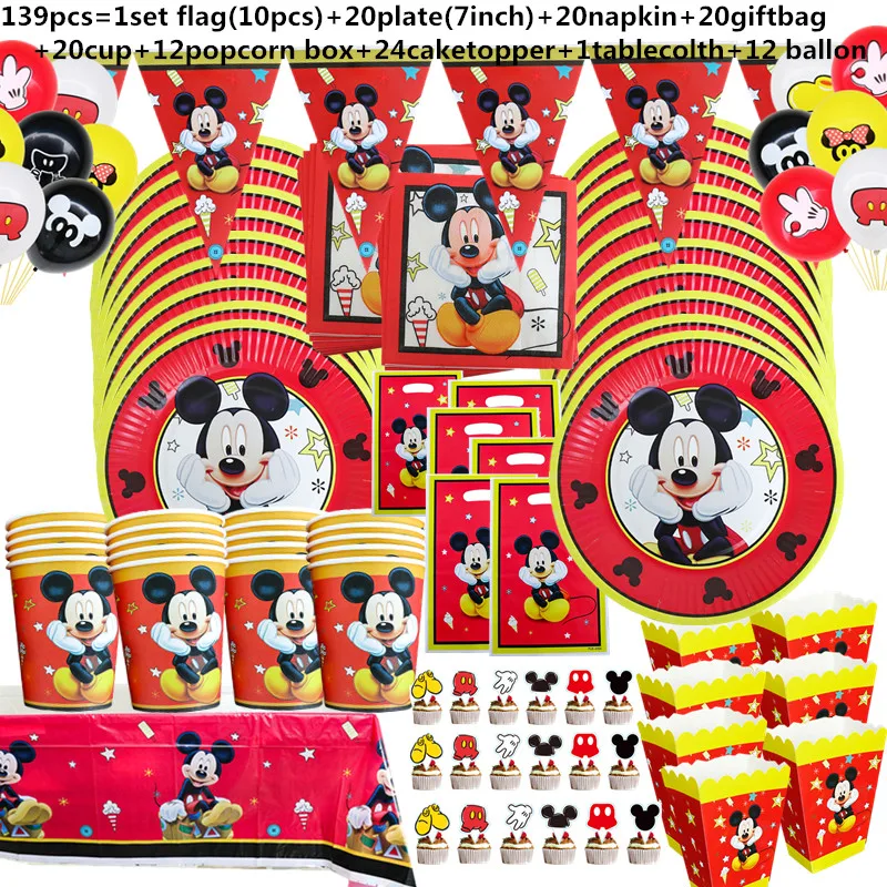 1Set Red Mickey Mouse Theme Disposable Paper Cups Plates Flexible Straws Baby Shower Kid Birthday Napkin Decoration Supplies 