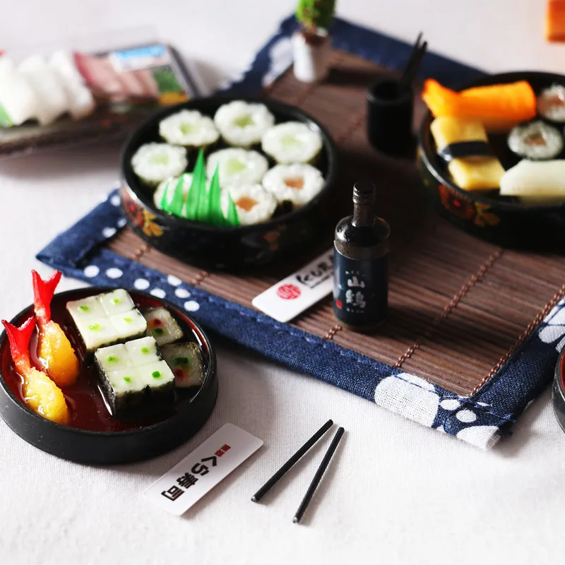Mini Japanese Sushi Lunch Dish Suits Dollhouse Miniature Items Sushi Set Chopsticks Wine BJD Doll House Kitchen Accessories Food 2