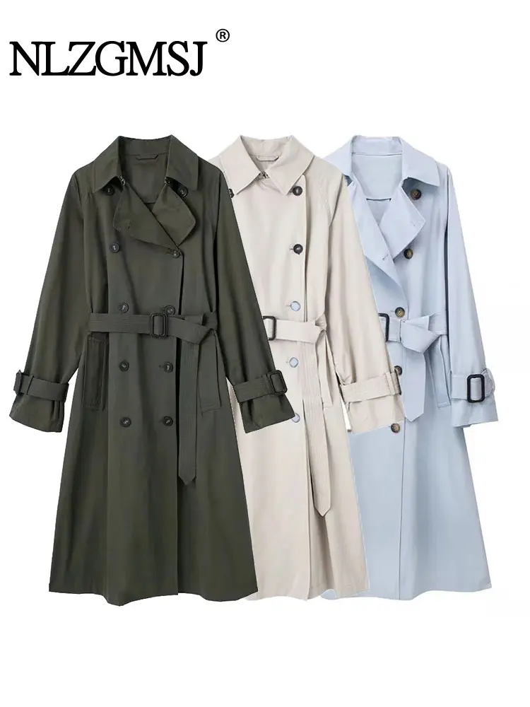 

TRAF 2023 Autumn Women's Fashion Belt Trench Coat Woman Retro Lapel Long Sleeve Double Breasted Outerwear Female Chic Overcoat