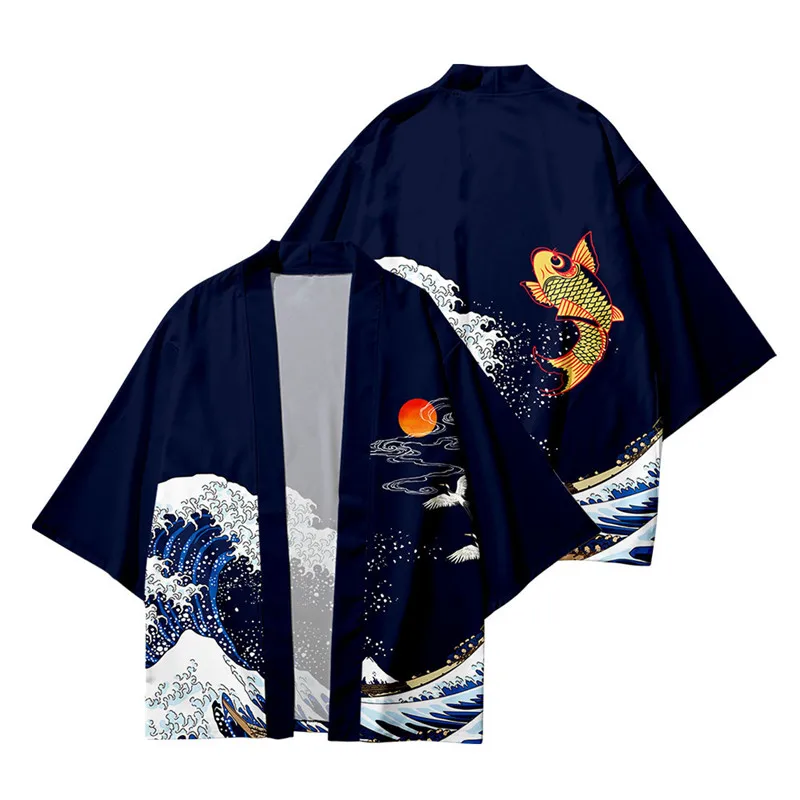 3 To 14 Years kids kimono Japanese Traditional Costume Boys Girl Wave Carp Print Haori Cardigan Jacket Children Beach Wear Cloak