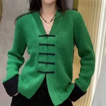 

Green Knitted Cardigan For Women Sweater V-neck Solid Color Button Lady Cardigans Loose Casual Spring Autumn Lady Fashion Tops