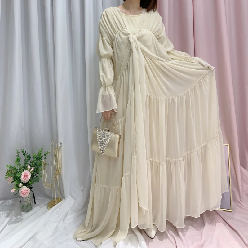 Muslim Abayat Dress Solid Color Puff Sleeves Robe Femme Musulman Elegant Fashion Ladies Dress for European and American Dubai