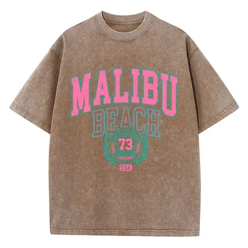 Malibu Beach Washed T-Shirt Women Letter Printing Cotton T Shirt Comfortable Crewneck Tops Casual Oversized Tees Female Clothes 1