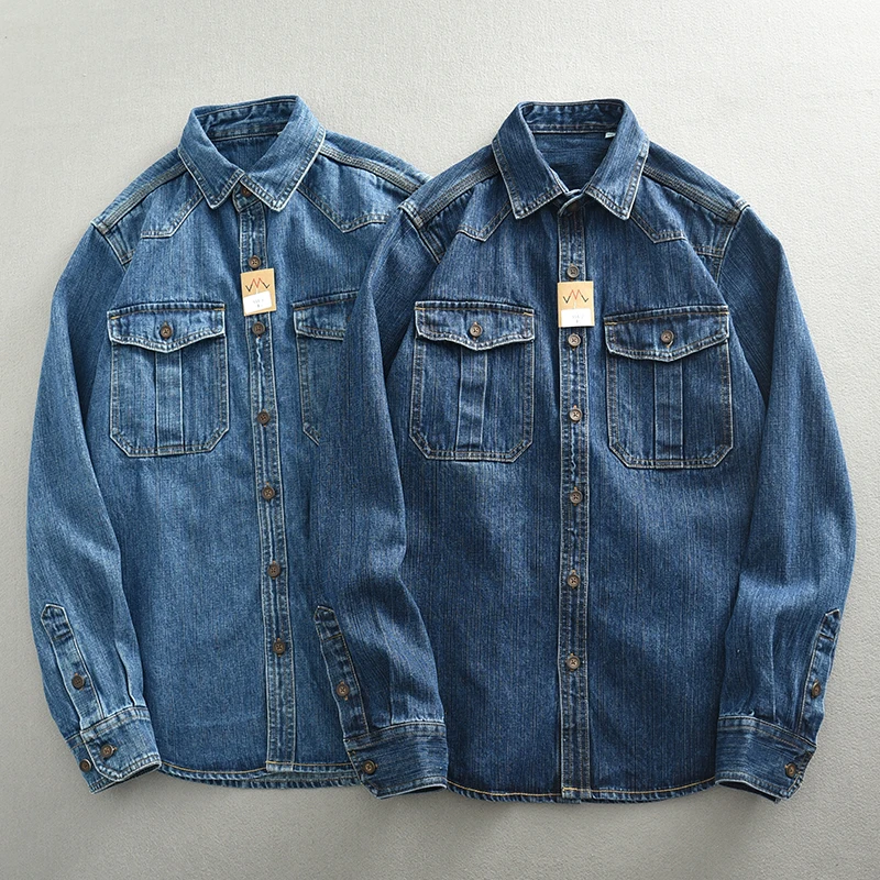 

Heavy chunky tooling denim shirt Men's May Khaki locomotive loose large size long-sleeved shirt coat Autumn