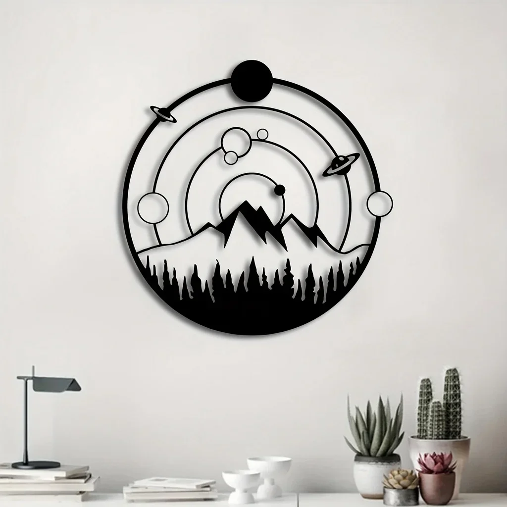 

1pc, Modern Metal Wall Art - Planets and Mountains - Perfect for Home and Office Decor - Ideal for Holiday and Birthday Parties