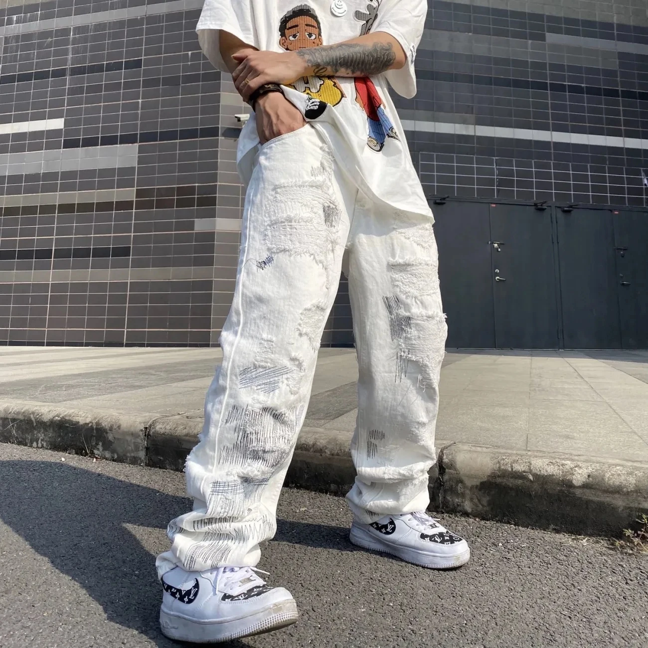 vaqueros rotos de Hip Hop para hombre, ropa de calle masculina, holgados y blanco y negro, 2022 _ AliExpress Mobile