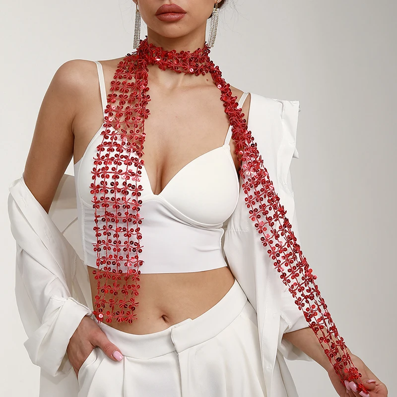 

Fashion Women's Hollow Sequin Scarf Sexy Nightclub Performance Necklace Tassel Party Evening Dress Scarf Sunscreen Shawl V144