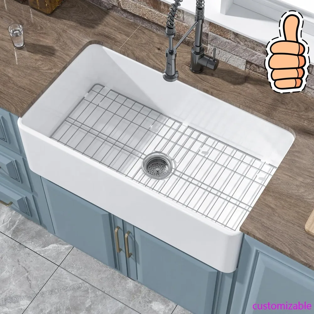 NEW-White Farmhouse Sink 33 x 18 Inch, Firecaly Apron Front Farm Sink, Heavy Duty, Large Capacity Single Bowl, with Accessories