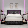 Full Size Bed Frame w LED Lights, Upholstered Bed Frame with 4 Storage Drawers,Platform Bed with Diamond Headboard and Footboard 1