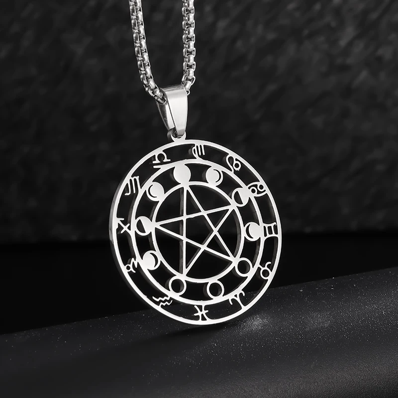 

Exquisite Stainless Steel Witchcraft 12 Zodiac Signs Divination Pentagram Pendant Necklace for Women Men Fashion Charm Jewelry