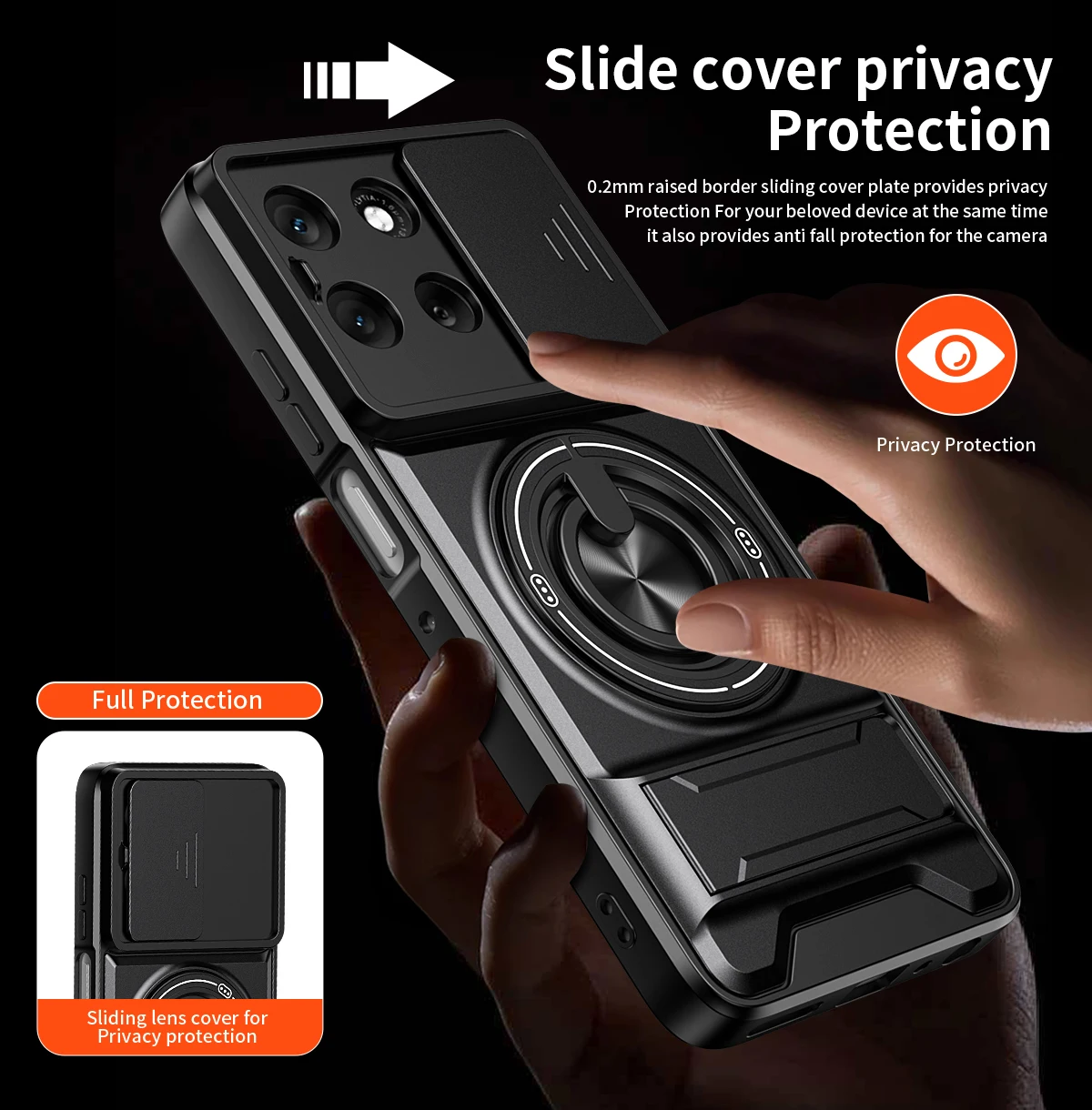 Slim Magnetic Ring Protective Phone Case with Sliding Window and Double Bracket - Durable Hard Shell Design