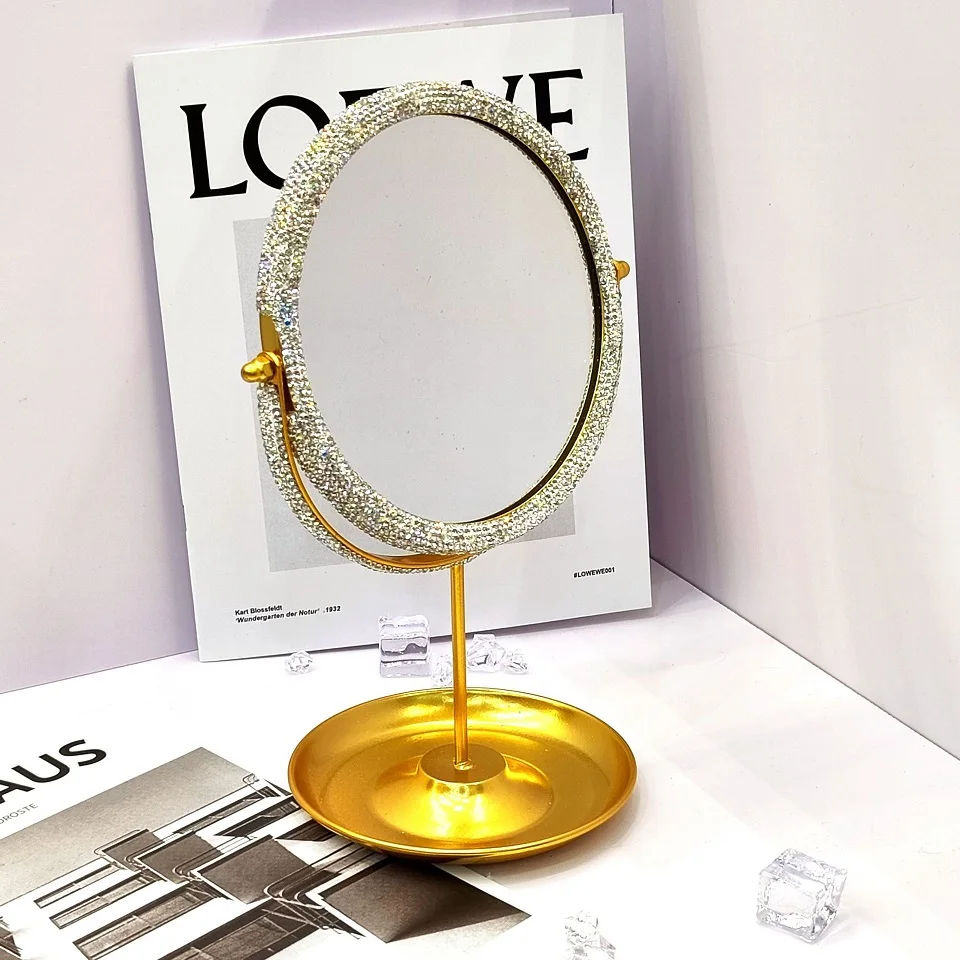 

Rotatable Makeup Mirror with Rhinestones for Women Cosmetic Organizer Jewelry Storage Tray Lipstick Key Candy Bedroom Metal