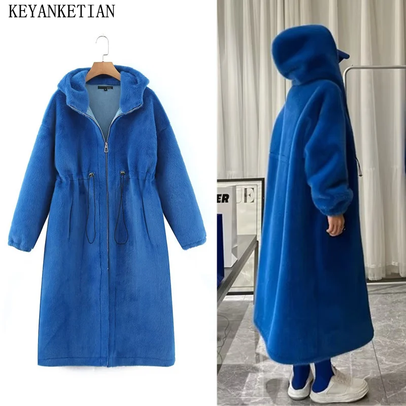 

KEYANKETIAN Winter New Women's Artificial rabbit hair Thick Warm Casacos Fashion Zip-up Drawstring hooded Casaco Feminino Coat