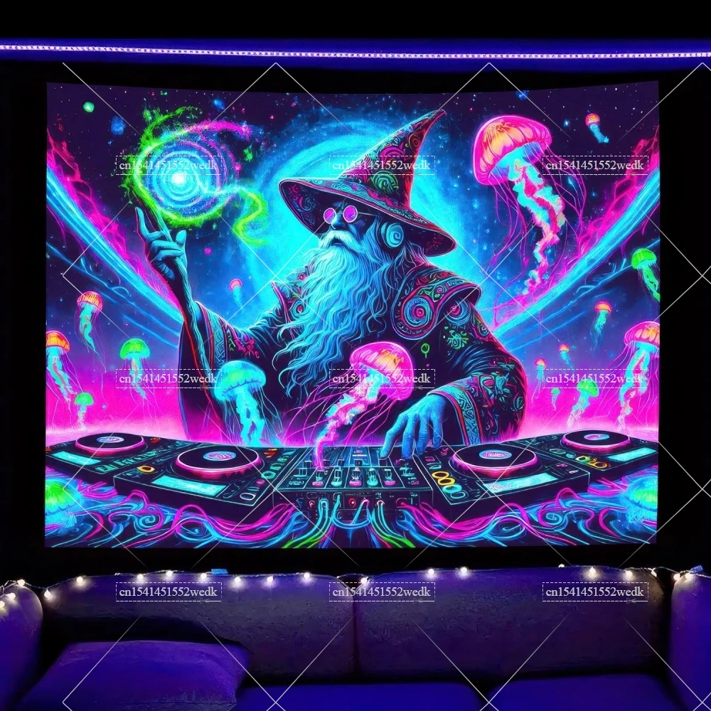 UV-reaktiver Musik-Zauberer, DJ, Schwarzlicht-Wandteppich, Neon-Qualle, fluoreszierender Wandteppich, Hintergrund, ästhetische, im Dunkeln leuchtende Poster – Detail 1
