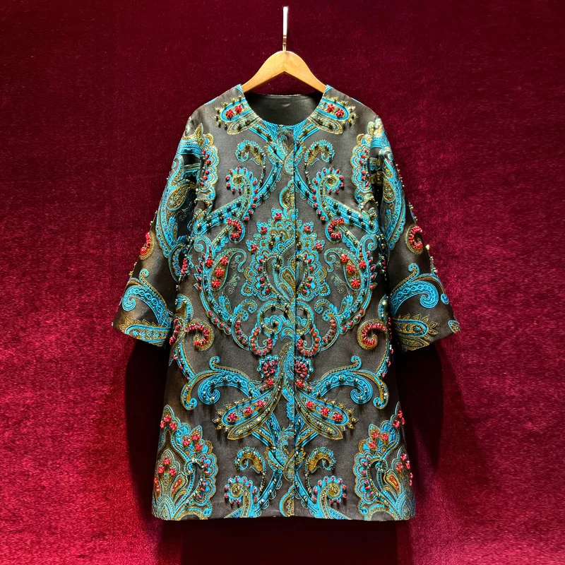 

Весна-Осень 2024, модное женское Свободное пальто средней длины с вышивкой из бисера