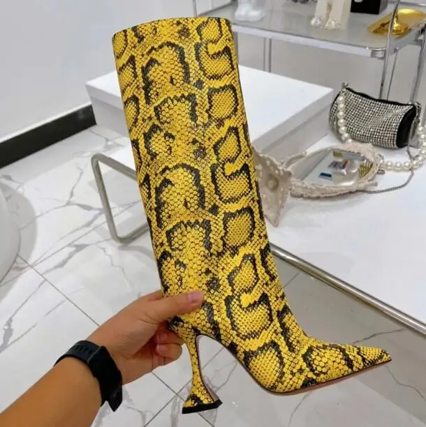 

Yellow Python Snakeskin Pointed Toe Leather Wine High Heel Knee High Boots Women Fashion Hidden Zipper Run Way Long Botas Shoes