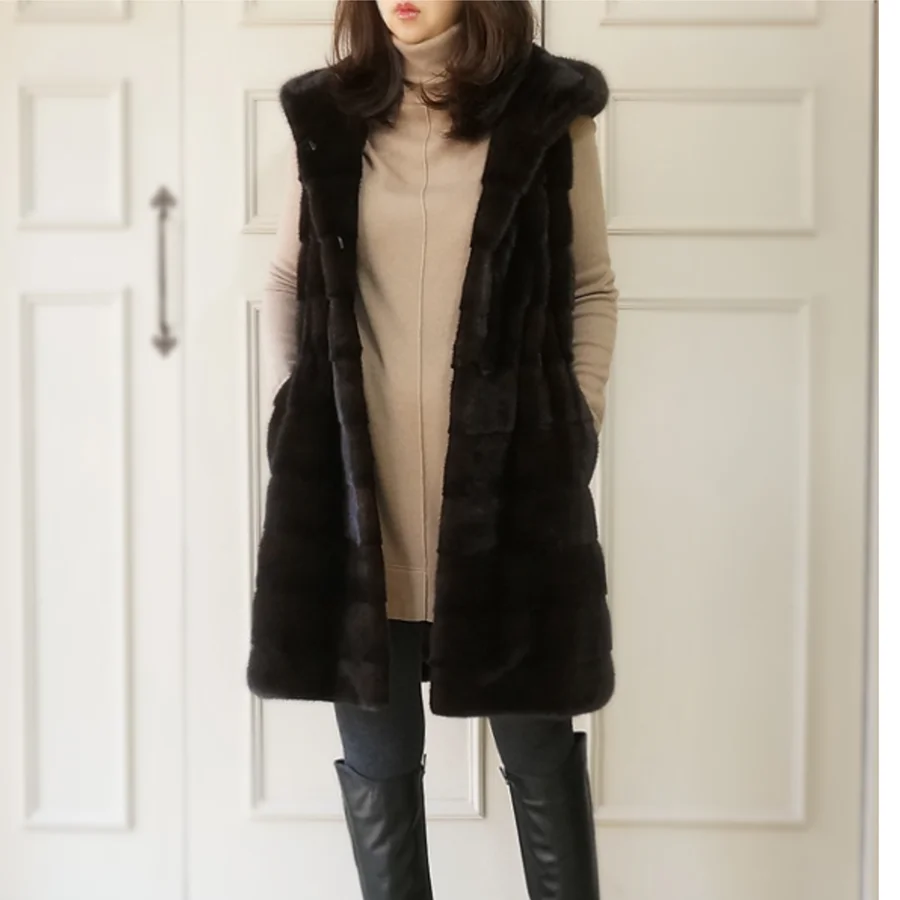 여성용 긴 내추럴 브라운 밍크 모피 조끼, 후드, 보온성 유지, 겨울 및 가을, 2023 신상