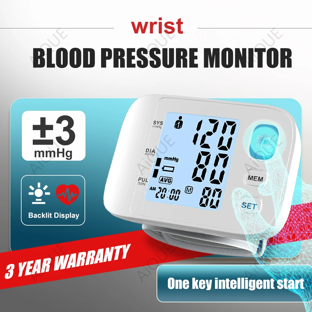 AiQUE Blacklit Wrist Type Blood Pressure Monitor LED Display Fast Measurement Digital Tensiometer BP Tonometer Heart Rate