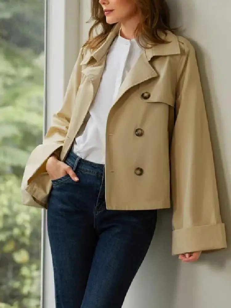 

Missuoo Women's Notched Collar Long Flared Sleeves Jackets 2023 Spring and Autumn Stylish Solid Color Short Trench Outerwears