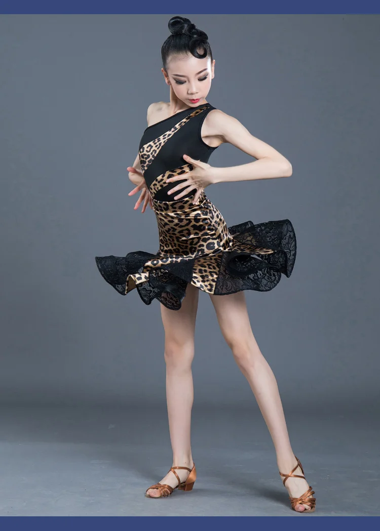 

girl performance chacha dancing dress children sexy one shoulder leopard latin dress
