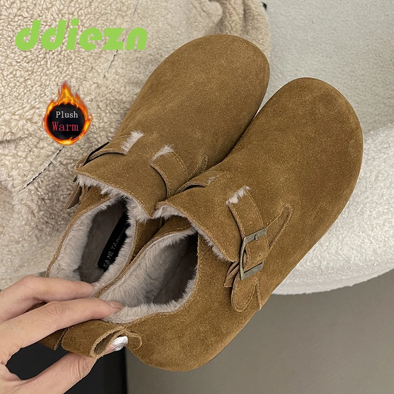 

Зимние меховые туфли на плоской подошве для женщин обувь из флока осенние модные женские повседневные короткие сапоги без шнуровки теплая Женская обувь с круглым носком