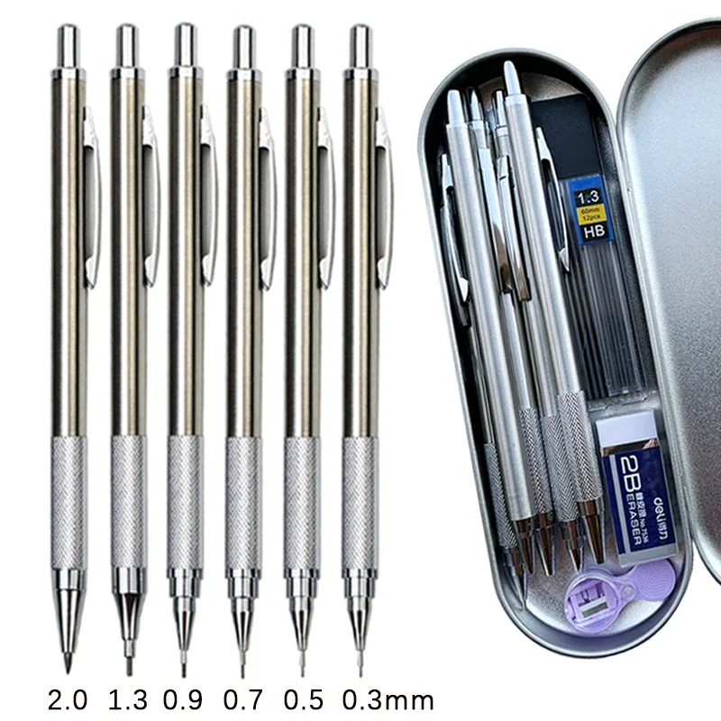 6pcs Metal Mechanical Pencil with Pen Box Lead Eraser Pencil Sharpener Set 0.3 0.5 0.7 0.9 1.3 2.0mm Art Sketch Automatic
